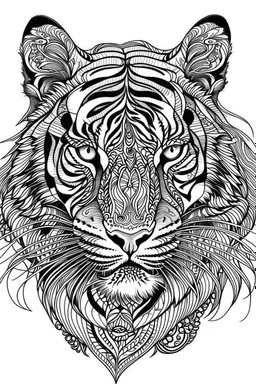 tiger face tattoo, coloring page, clean line art, adults drawing book, Black and white only, crisp black lines, sharp lines, coloring page for adults, black and white picture, lots of details,