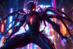 Hot Silk carnage in 8k solo leveling shadow artstyle, spider costum, dynamic pose, oshare kei, hurufiyya, rtx , neon lights, intricate details, highly detailed, high details, detailed portrait, masterpiece,ultra detailed, ultra quality