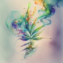 Create a surreal artwork sketch depicting a vibrant cannabis plant emerging from a cigarette, with smoke tendrils intertwining around it. watercolour sketch