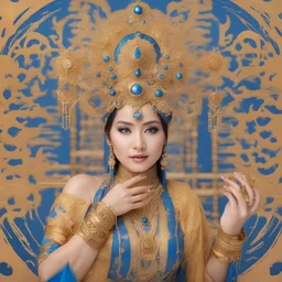 asiatic beautiful woman in blue and gold cosmic clothes