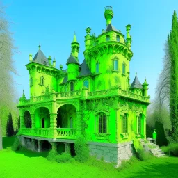 A lime green chateau with ghosts designed in Ica stones painted by Lucas van Leyden