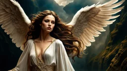 a sorcerer summoning a sensual angel with the most beautiful face and eyes in the world. huges wings. exquisite realism, fantasy art. a masterpiece, dark fantasy concept art, dynamic lighting, hyperdetailed, intricately detailed, deep color, volumetric lighting, Epic cinematic brilliant stunning intricate meticulously detailed dramatic atmospheric maximalist,