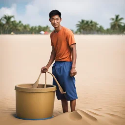 Give me an image of a philipino guy with an empty sand bucket