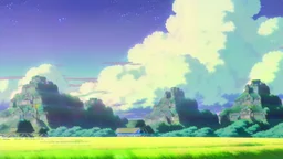 floating ruins of an asian village with purple sky full of stars, sunflower field, anime, high res, makoto shinkai