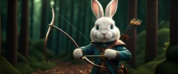 High-end hyperrealism epic cute fluffy rabbit hero holding a bow and arrow, Steampunk-inspired cinematic photography, symmetry forest alley background, Aesthetic combination of metallic sage green and titanium blue, Vintage style with brown pure leather accents, Art Nouveau visuals with Octane Render 3D tech, Ultra-High-Definition (UHD) cinematic character rendering, Detailed close-ups capturing intricate beauty, Aim for hyper-detailed 8K