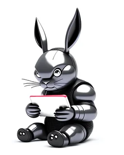 Soft batman Bunny robot working on a smartphone