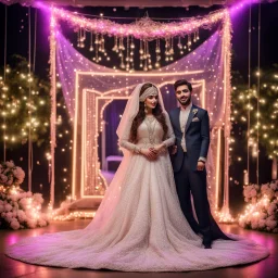 Hyper Realistic Beautiful Traditional Pakistani Couple on Valima Stage decorated with neon wedding lights at Night