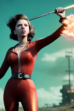 retro portrait image from 1960, explosion background, wind, long hair, young Scarlett Johansson, classic black tight lycra suit, metal stick weapon, gold bracelet and belt, high heel boots, soft color, highly detailed, unreal engine 5, ray tracing, RTX, lumen lighting, ultra detail, volumetric lighting, 3d, finely drawn, high definition, high resolution.