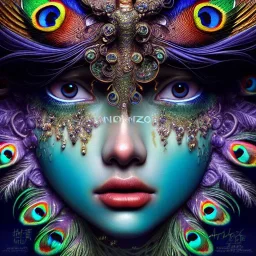 Insanely detailed photograph of an elaborate beautiful peacock goddess intricate glowing skin eyes intricate face hair lashes fur dress hyperdetailed painting by Anna Dittmann Huang Guangjian and Dan Witz CGSociety ZBrush Central fantasy art album cover art 4K 64 megapixels 8K resolution HDR Greek shiny space colours jewelry celestial hair eyes light"