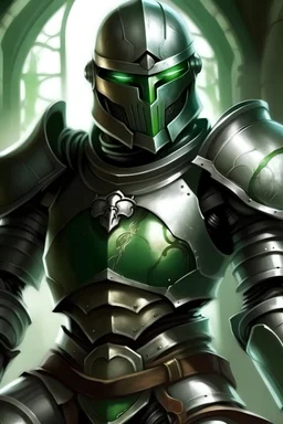 Please create an image for a warforged with a silver metallic body and green eyes. He must be wielding a shield.