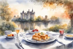 Brunch breakfast on an elegant table in the garden in the background, Castle on the Loire, lake, reflection, sunrise, Misty morning smooth intricate high definition beautiful lighting pencil sketch, marker pen strokes, watercolor polished warm light