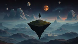 one alone human stands on deep dark colors little floating island. the island with alone human floatings over beautyful four colors landscape . normal neurotipical lifes contrast the weird inner world with neurodivergens soul and mind,, Whimsical strange style of Chagall, of Bosch of giger and Anton Semenov. weird absurd beauty nightmare, in background neuronic network and landscape with cites and with many little humans on eart, Whimsical surreal vibe, cinematic