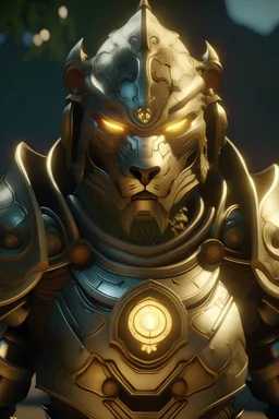 warforged wearing lion inspired armor knight glowing chest round eyes