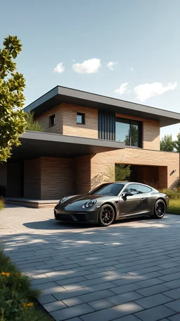 Modern villa 250m2 business class in Spain. House with a flat roof, two-story. Elegant car from 80's under a canopy. in the foreground paved driveway dark shade. Competitive development project in the style of architect Tadao Ando. Brick and dark metal house facade. front camera view. Small windows. Dark frame of windows. Midday, clear sky, small clouds in the sky. gloomy vegetation, lush decorative vegetation, wildflowers. Archdaily style shot. Photorealistic. Cozy, elegant