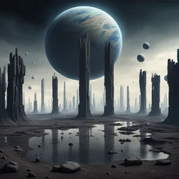 an anomalous planet with large abundant floating pillars and a bleak stony ground with a walmart supercenter floating breaking all time and space