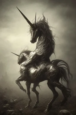 unicorn , dystopian surrealism, dark horror fantasy, hdr, demonic, dark art