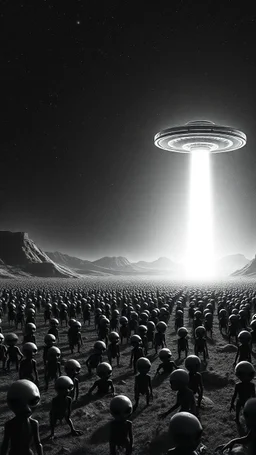 A land filled with hundreds of aliens in a bright light at the end of the picture a ufo object , cinematic, 8k, in black and white, fine line draw