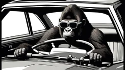 Gorilla wearing thick glasses driving a car. Illustration.