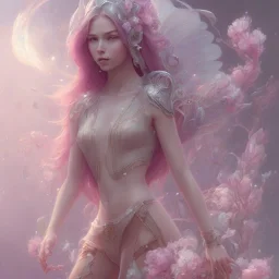 girl, fairy wings, cute, beautiful, long hair, pink hair, 8k resolution concept art portrait by Greg Rutkowski, Artgerm, WLOP, Alphonse Mucha dynamic lighting hyperdetailed intricately detailed Splash art trending on Artstation triadic colors Unreal Engine 5 volumetric lighting fairycore auroracore