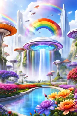 very beautiful, ,flowers, garden,rainbow, cité futuriste ultra moderne, ufos, cascade colorée, dômes