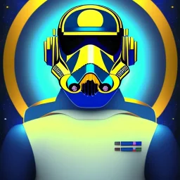 trés beau capitaine galactique, star wars style, avec costumes bleu et or , arrière fond bleu galactique étoilés, casque