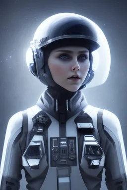 Black intergalactic pilot AnnaSophia Robb, portrait, bright white eyes, wearing high tech pilot helmet, beautiful face, white smoke, dark, rage, sorrow, high definition, ultra 8 k, volumetric lighting, blue fire, fog