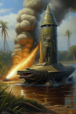 military crocodile that looks like a rocket going in for landing, prize winning oil painting