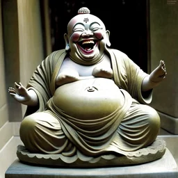 A statue of the laughing Buddha, a smiling face and he is rolling with laughter and sticking out his tongue