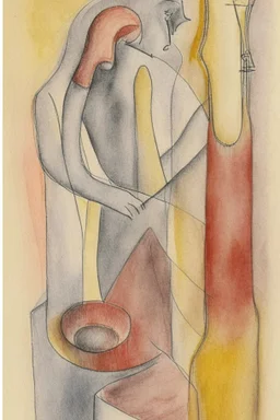 Pencil drawing and watercolour by Barbara Hepworth and Paul Klee grey and gold and red of a man playing the saxophone
