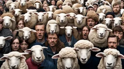 large crowd of people all with sheep heads