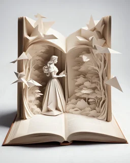 a beautifully ornated fairytale book open in half, from the center pages appears a pop-up origami natural woman in italy; Papercraft, fairytale, popup book, soft shadows, ambient occlusion, studio lighting, high quality studio advertising photography, 8k, white paper, white background, monochromatic