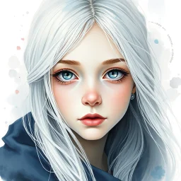 A young woman with long white hair, silver eyes, long eyelashes, very pale complexion, very shy, watercolor splotchy background, soft brushstrokes, intricately detailed