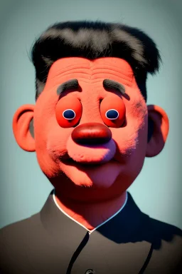 Waist up muppet Portrait, Kim Jong-un muppet doll, black suit, photo studio, red background, unreal engine 5, concept art, art station, god lights, ray tracing, RTX, lumen lighting, ultra detail, volumetric lighting, 3d.