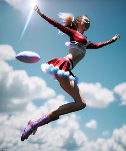 Ultra realistic speed clouds sky scene, wide angle view, cheerleader teenager falling down with many Children background, inflatable monsters, circus dress style, feather color, free jumping flying, many trinkets, hair monster, many jelly beans, balls, color smoke, smile, happy, extreme, wind, clouds sea, 20,000 feet altitude, stratosphere, soft color, highly detailed, unreal engine 5, ray tracing, RTX, lumen lighting, ultra detail, volumetric lighting, 3d, finely drawn, high definition.