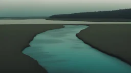 paisaje desolado en tonos cyan, azules y verdes. camino rural y campos completamente cubiertos por agua. luz evocadora y tenebrosa. Toodo cubierto de agua