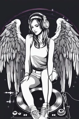 Angels wings pretty girl with headphones playing music on a turntable, dj rave party disco club