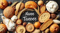 A design full of all kinds of real bread and sweets and decorated with wheat and flour and wheat, barley and sesame seeds and writing (nan tanoor) in the center.
