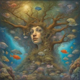 Trees and imaginative underwater views, ornamental fish and coral perfect anatomy, fantasy, vibrant digital art professional award winning masterpiece, oil on canvas Atmospheric extremely detailed Josephine Wall