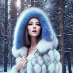 Woman in fur coat, ice, blue, forest, snow, beautiful, mountain, masterpiece, expert, 8K, hyperrealism, sharp focus, cinematic lighting