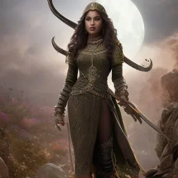 fantasy setting, insanely detailed, dark-skinned woman, indian, warrior, green curl of hair