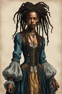 full body colored etching of an ornately dressed, malevolent, predatory vampire buccaneer girl from the French West Indies with highly detailed beaded dreadlock hair and facial features ,in the style of Rembrandt, Gian Lorenzo Bernini, and Johannes Vermeer, with a fine art aesthetic, highly detailed , realistic , 4k UHD