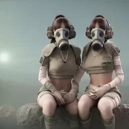 cute girls sitting at the computer in military gas masks. the masks are checkered.