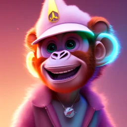 pixar style anamorphic cute monkey baby, smiling, gangsta silver neckless, wearing hat, full body, magenta puffer jacket, manila city backdrop, dramatic lighting, hyper-realistic, unreal engine 5, 16k. full detailed,