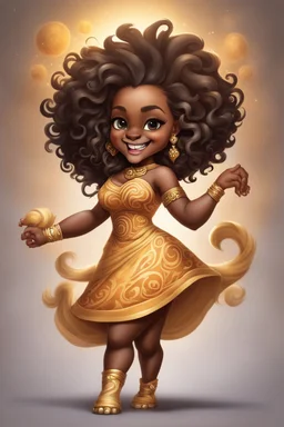 A fearless curvy dark-skinned airbrushed chibi swishes her lion tail excitedly, wearing a dress decorated with the Leo astrology symbol. With mane-like hair wild with curls, she smiles wide, showing off fangs. She stands arms and legs spread, steadfast as a lioness, demonstrating Leo courage and leadership.