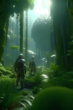 exotic jungle on alien planet with weird vegetation and human astronauts explorers, highest quality, high definition, incredibly detailed with intricate details, dramatic, ultra detailed, depth of field, UHD ultra-8K HDR, natural