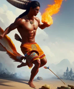 native american warrior, dancing on top of fire, big muscles, 8k resolution concept art portrait by Greg Rutkowski