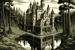 A giant castle near a swamp filled with ghosts painted by MC Escher