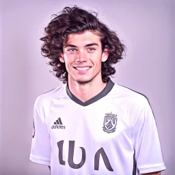 85mm DSLR color photography of a very detailed headshot fitting all of head and hair in frame. 20-year-old English soccer player, with black hair color and with small facial hair and is black with a small smile, grey background