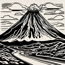 pictogramme noir et blanc de volcan avec route