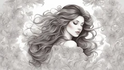 Beautiful lady with flowing hair, valentines on her dress, mystical, fine art, extremely detailed,